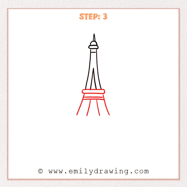 how to draw an eiffel tower - The Eiffel Tower sketch now shows a wide middle deck, small crossbars, and longer lower legs spreading outward.